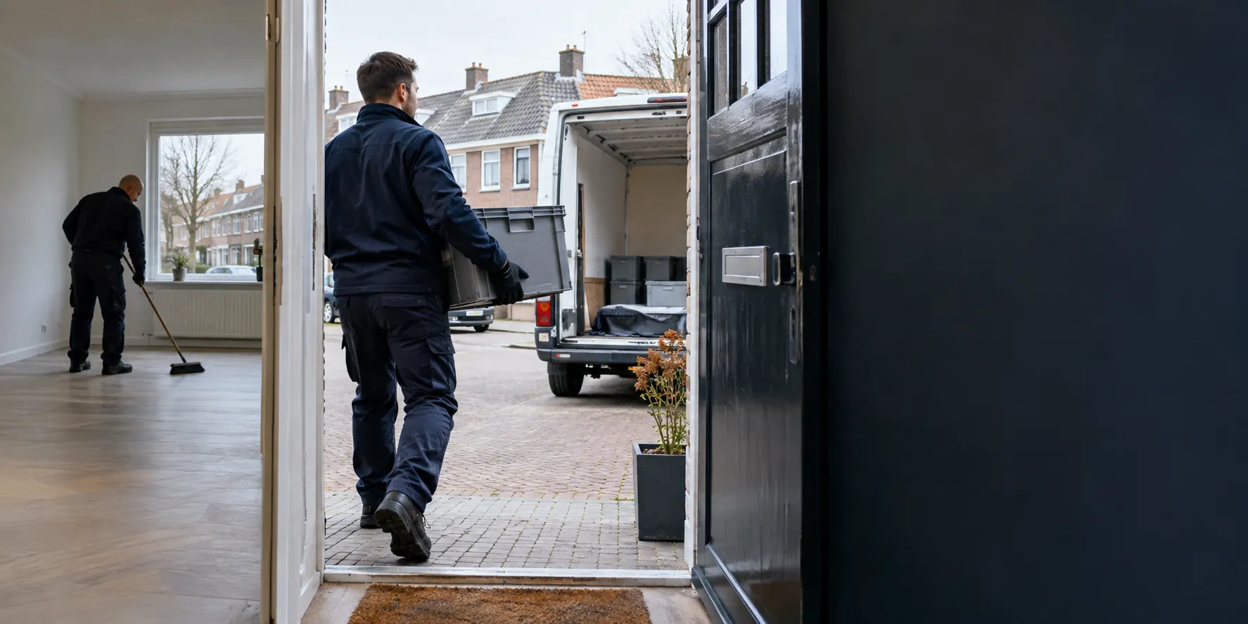 Een krat wordt uit een leeggemaakte woning naar de bus gedragen, binnen wordt de kamer geveegd