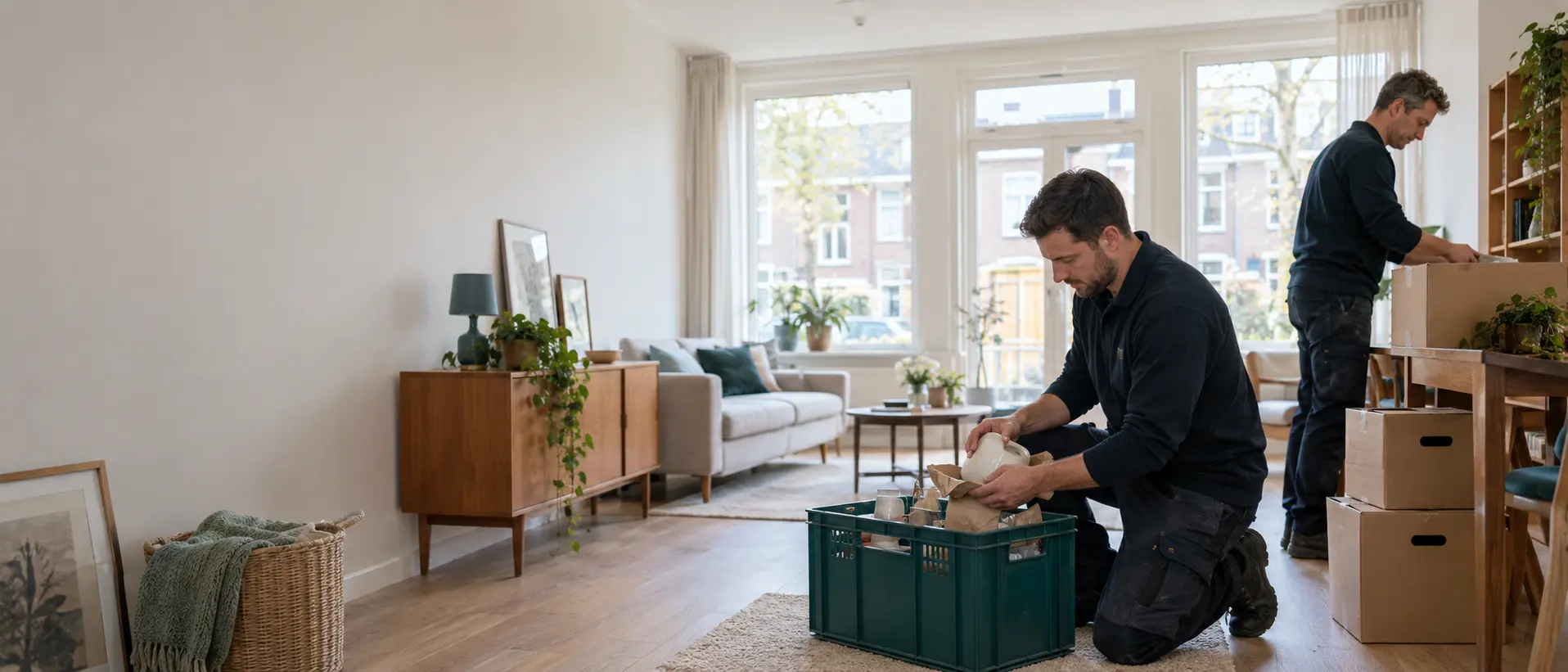 Een man pakt servies in een krat in een lichte woonkamer, achter hem pakt een tweede man een doos in